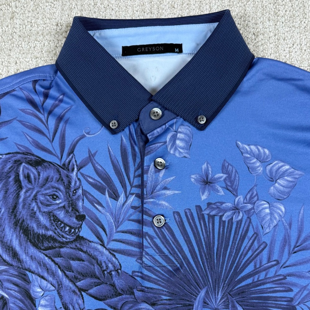 Greyson Mens Medium Blue Wolf Deer Tropical Print Performance Golf Polo Shirt